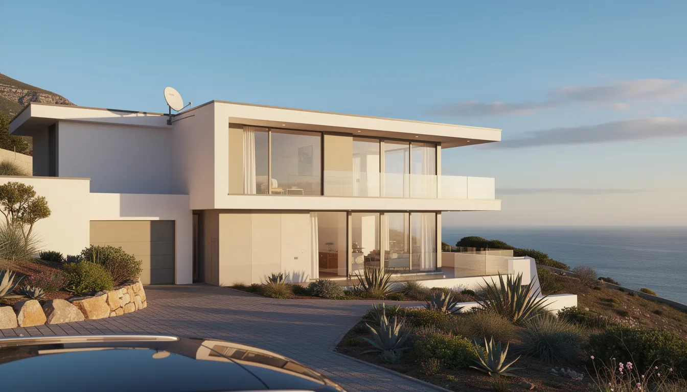 The image depicts a modern coastal home in Cape Town, showcasing a sleek exterior with a satellite dish prominently installed on the roofline, indicative of professional DSTV installation services. This setup suggests a focus on optimal signal reception for uninterrupted viewing pleasure.