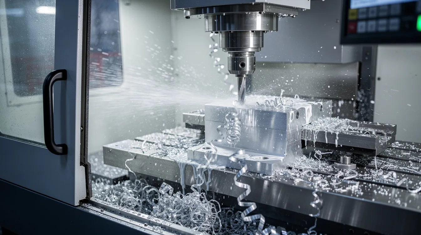 The image depicts a CNC machining center actively milling aluminum, with coolant spray dispersing to manage heat and aluminum chips being evacuated from the cutting area. This precision machining process showcases the machine's automatic tool changer and highlights the efficiency of CNC operations in producing high-quality parts.
