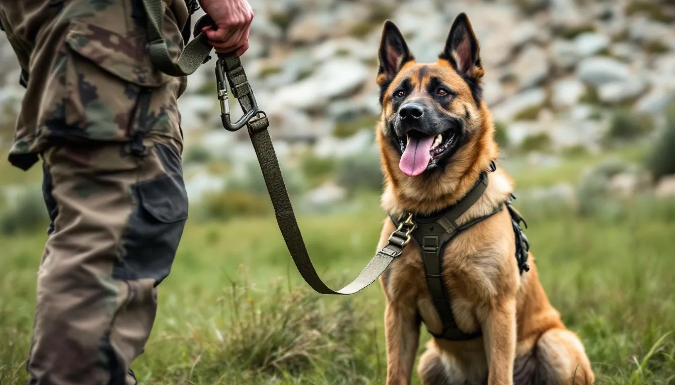 A tactical dog leash in use with a large dog during a training session.