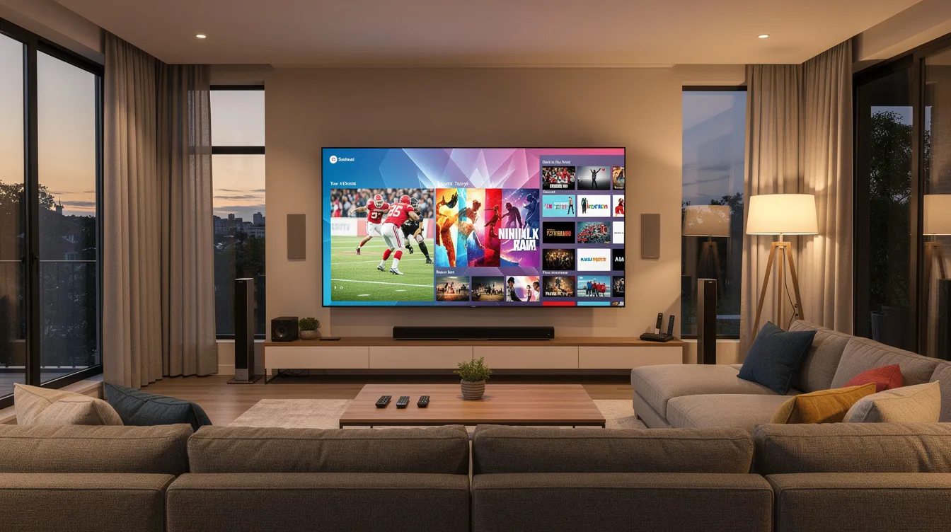 The image depicts a modern American living room featuring a large smart TV showcasing live sports and movies, complemented by a premium home entertainment setup. The inviting space is designed for a seamless streaming experience, ideal for enjoying IPTV subscriptions with access to a variety of live TV channels and international content.