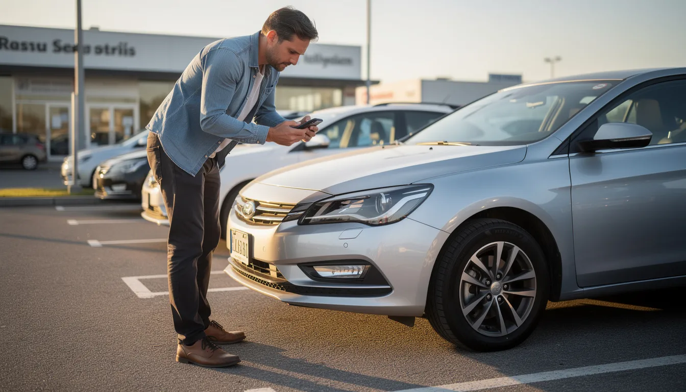 Un homme se tient devant une voiture de location Sixt, un modèle Fiat 500, en train de prendre des photos avec son smartphone avant de partir. L'image reflète l'expérience de location de voitures en France, mettant en avant le service client et la qualité des véhicules proposés.
