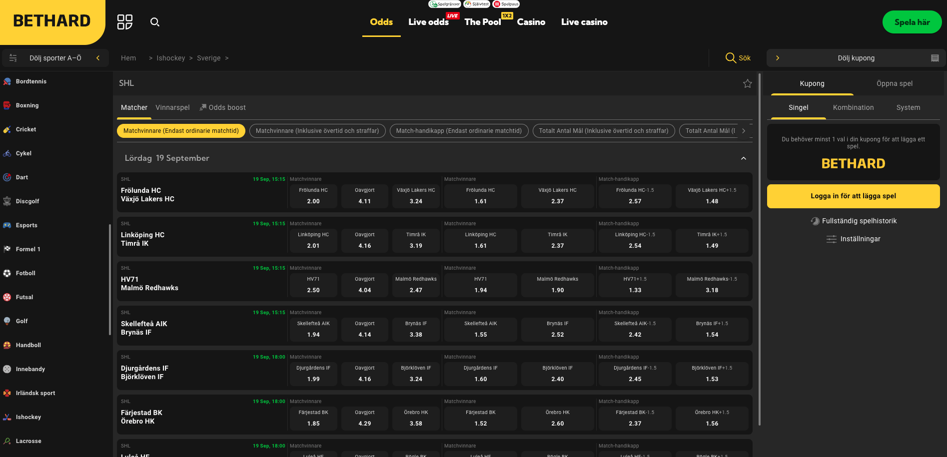 bethard SHL betting
