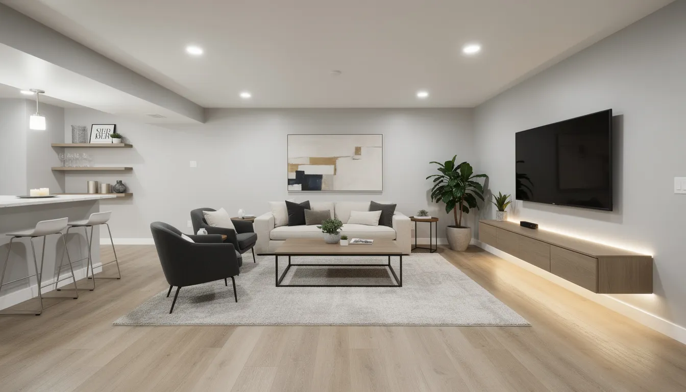 The image depicts a modern finished basement featuring recessed LED ceiling lights and contemporary furniture, creating a stylish and inviting atmosphere. This space could benefit from electrical upgrades, especially if it includes aluminum wiring, to ensure safety and efficiency in the home's electrical system.