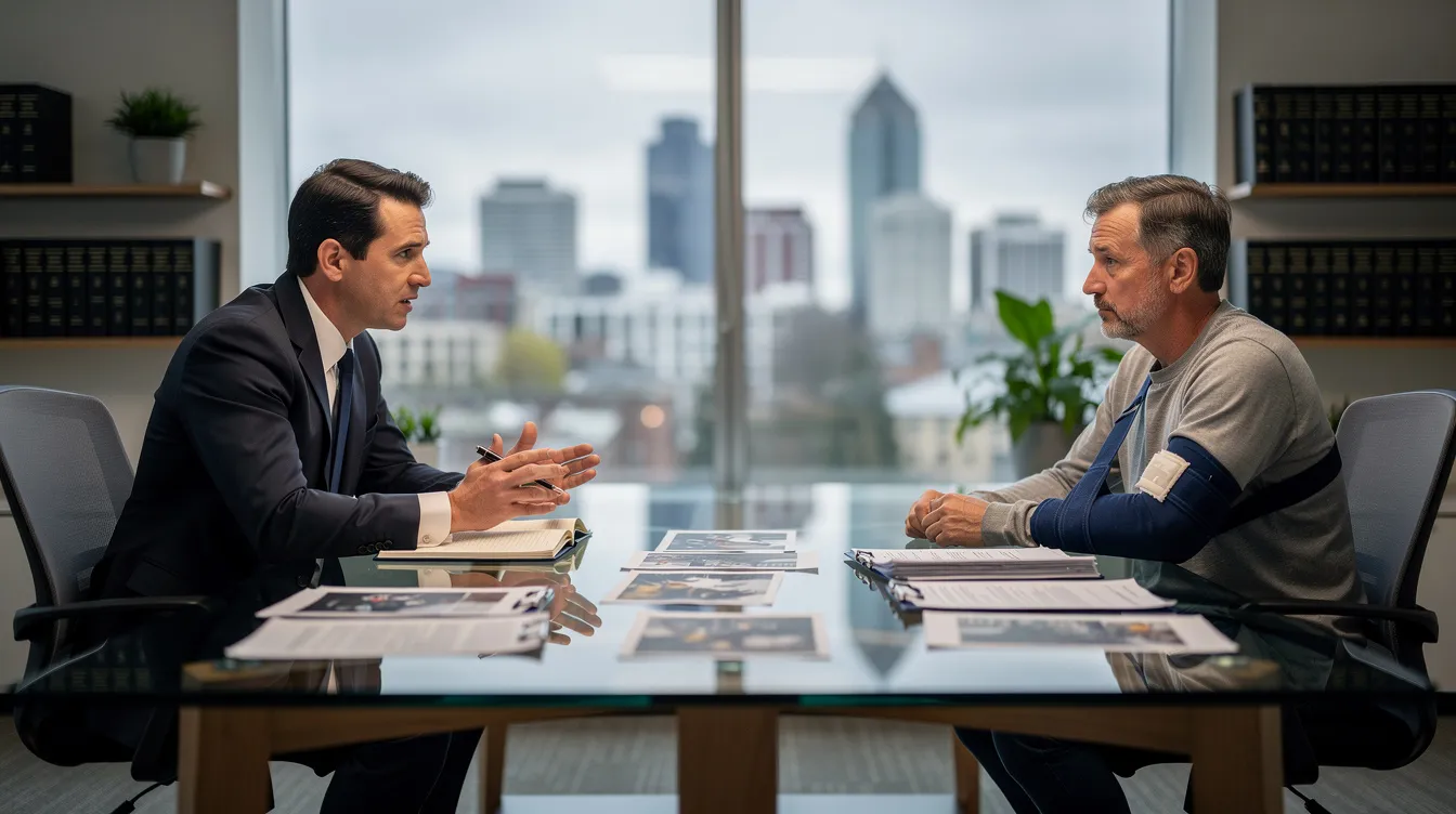 An ultra-realistic photograph captures a professional consultation between a personal injury lawyer and an injured client in a modern Seattle law office, with documents, accident photos, and medical records spread across the desk. The attorney discusses the client's personal injury claim options, while soft natural light illuminates the scene and a subtle Seattle skyline is visible outside the window.