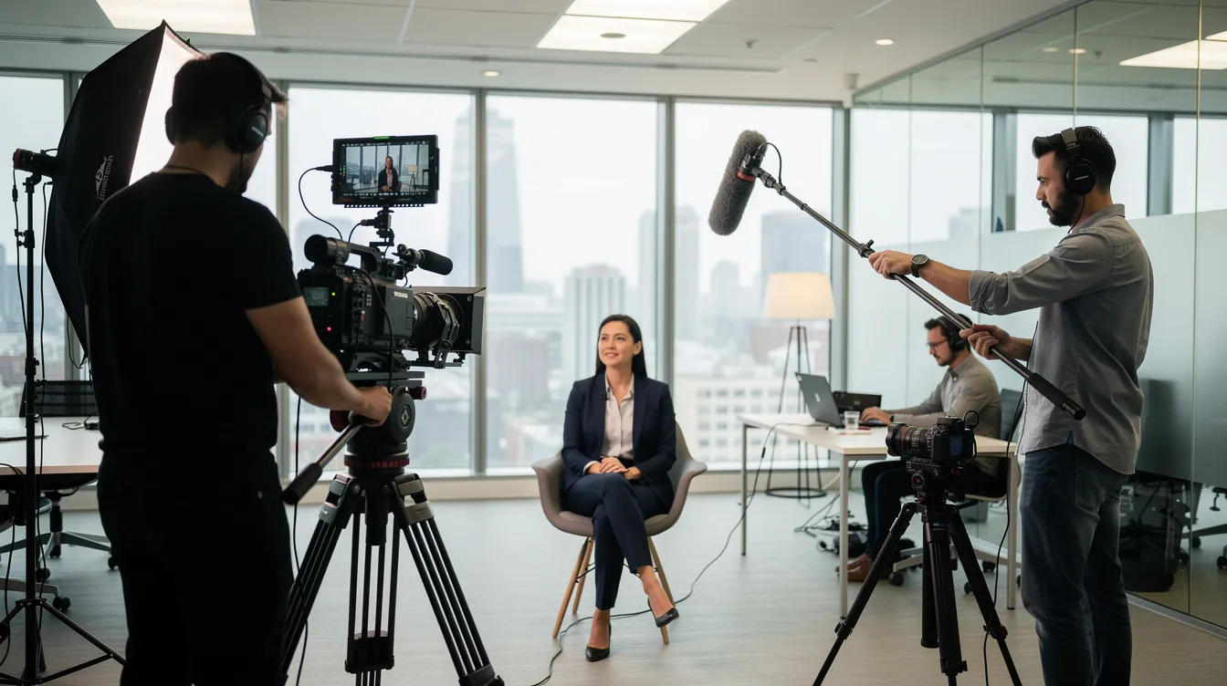 A professional video production crew is filming an interview in a modern office setting, capturing key insights for a brand video aimed at enhancing customer engagement and driving sales through effective video marketing strategies. The environment reflects a contemporary company culture, ideal for creating compelling social media videos and educational content.