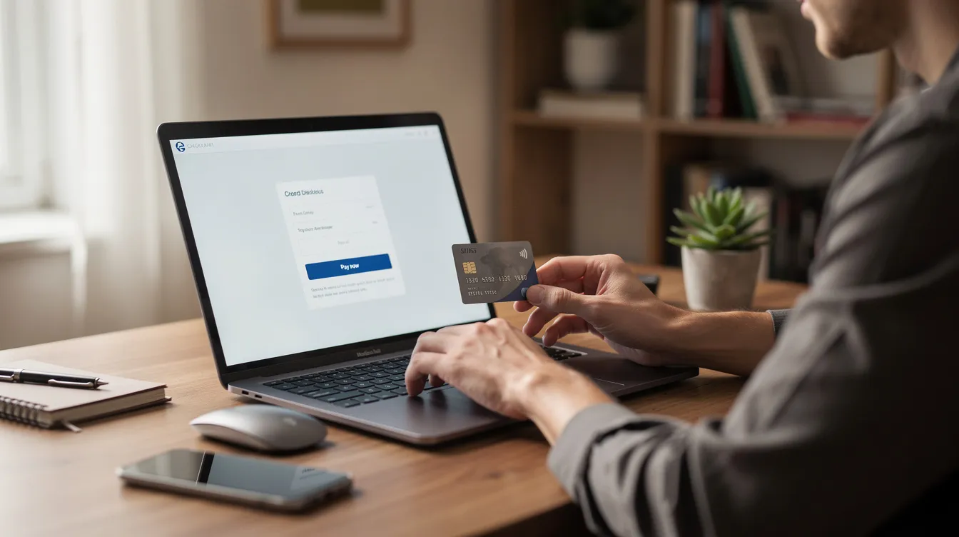 A person is sitting at a home office desk, completing a card payment on a laptop computer, which displays a secure payment page for entering payment details. The scene illustrates the process of online payments, emphasizing the importance of secure payment gateways in protecting sensitive payment data.
