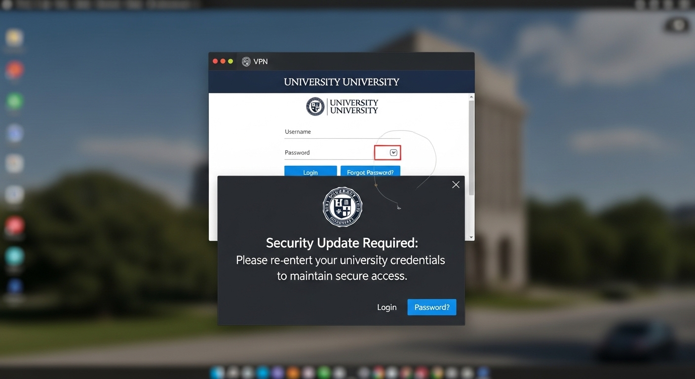 University VPN login portal targeted by phishing email attempting credential theft.