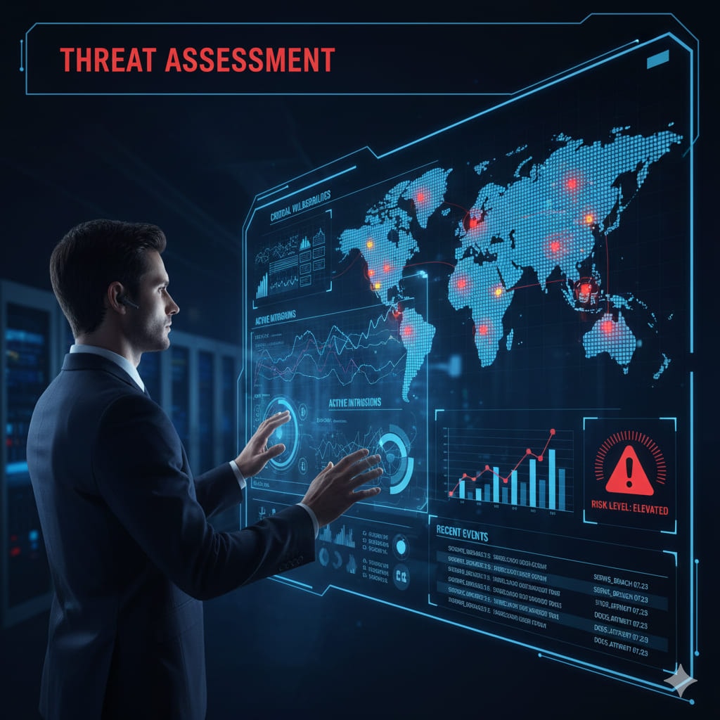 Security professional analyzing digital threat indicators on a dashboard during risk assessment
