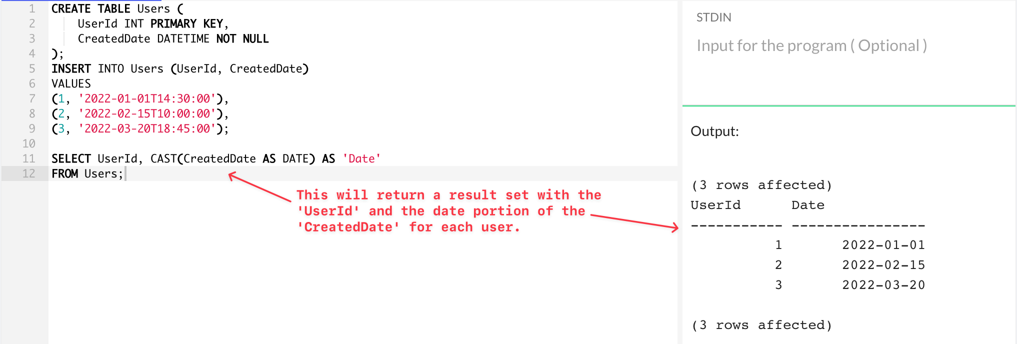 Changes the current datetime to return only the date portion