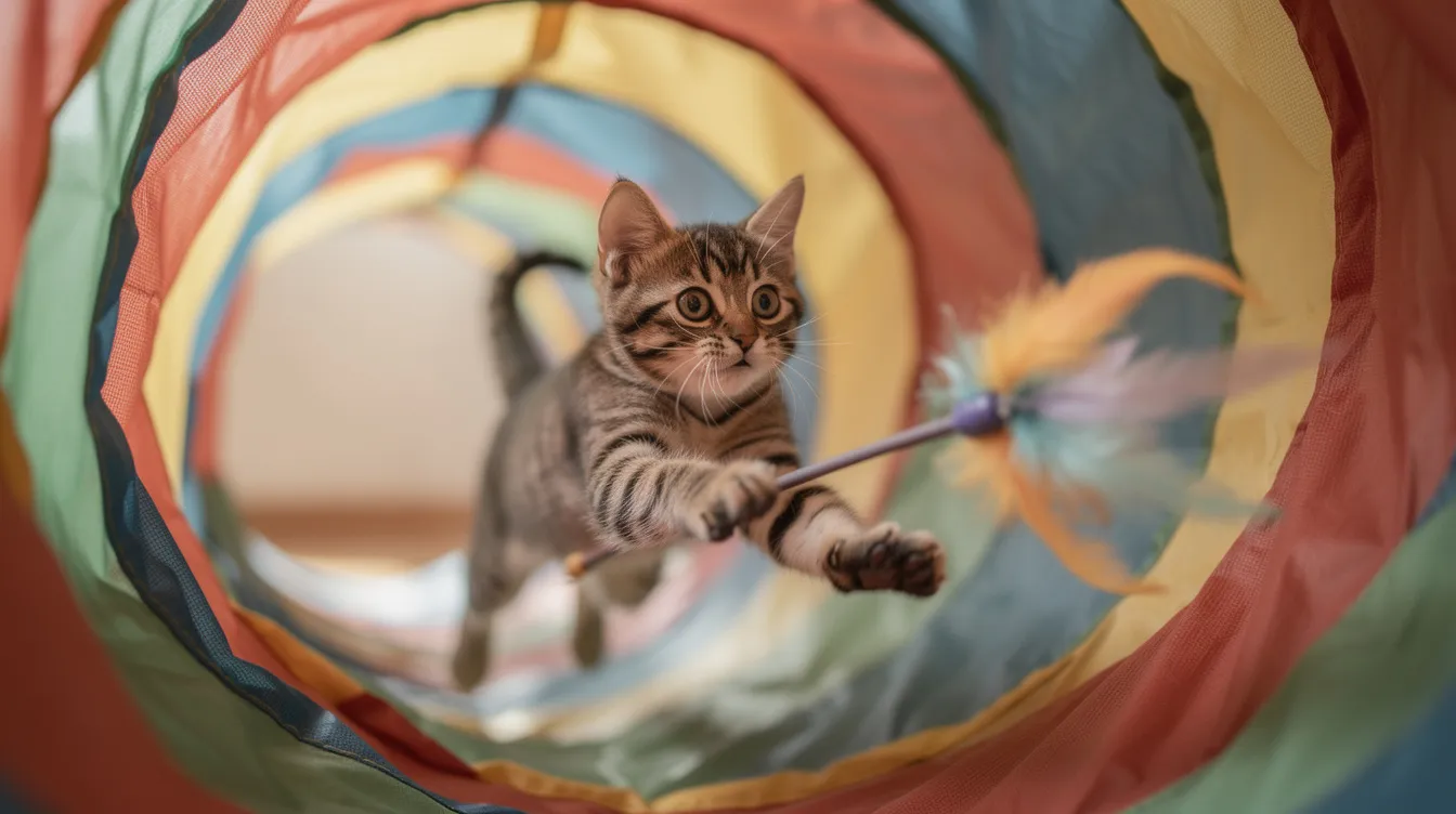 A playful kitten dashes through a soft fabric cat tunnel, chasing a feathered wand toy. The tunnel features two peepholes, allowing the kitten to explore and hide while enjoying its fun playtime.