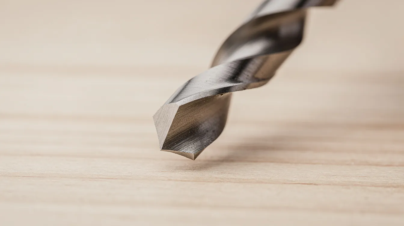 This macro photograph showcases the tip of a brad point drill bit, highlighting its center spur and two sharp cutting edges against a light wood surface. The design is ideal for creating small and precise holes in wood, demonstrating the key differences between wood drill bits and metal drill bits.