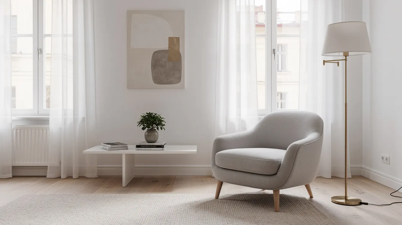 Ett elegant skandinaviskt vardagsrum med en klassisk golvlampa i mässing som står bredvid en mjuk fåtölj, omgiven av minimalistisk inredning. Rummet utstrålar en tidlös stil och erbjuder en behaglig stämning med fokus på designklassiker och funktionell belysning.