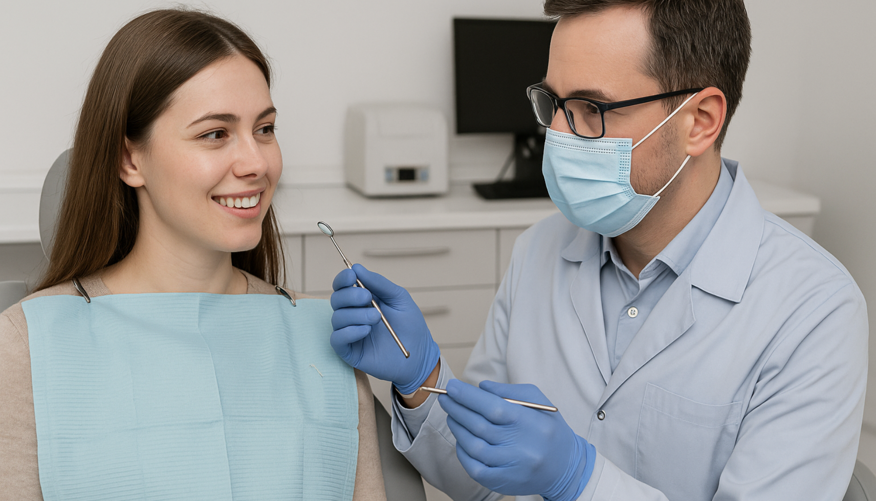 Kvinne i tannlegestol smiler under undersøkelse, mens en tannlege i munnbind og hansker holder tannverktøy.