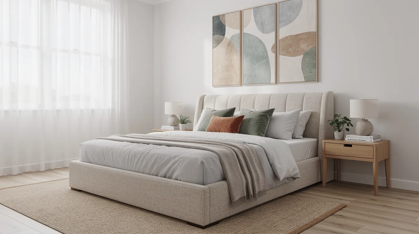 The image depicts a contemporary Australian bedroom featuring a stylish upholstered queen bed framed by coordinated bedside tables, complemented by modern wall art that adds a touch of elegance. This setup offers ample space for comfortable sleep, making it ideal for both personal and guest rooms.