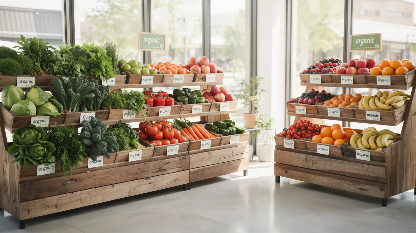 fe4b2d3d 17c5 4c5f abdb 187bbc6e7f64 The image shows a variety of fresh organic vegetables and fruits neatly arranged on wooden shelves in a clean retail store, highlighting the growing health awareness and demand for nutritious meals among consumers. This setting reflects a profitable business model focused on providing high-quality agricultural products to meet local needs.