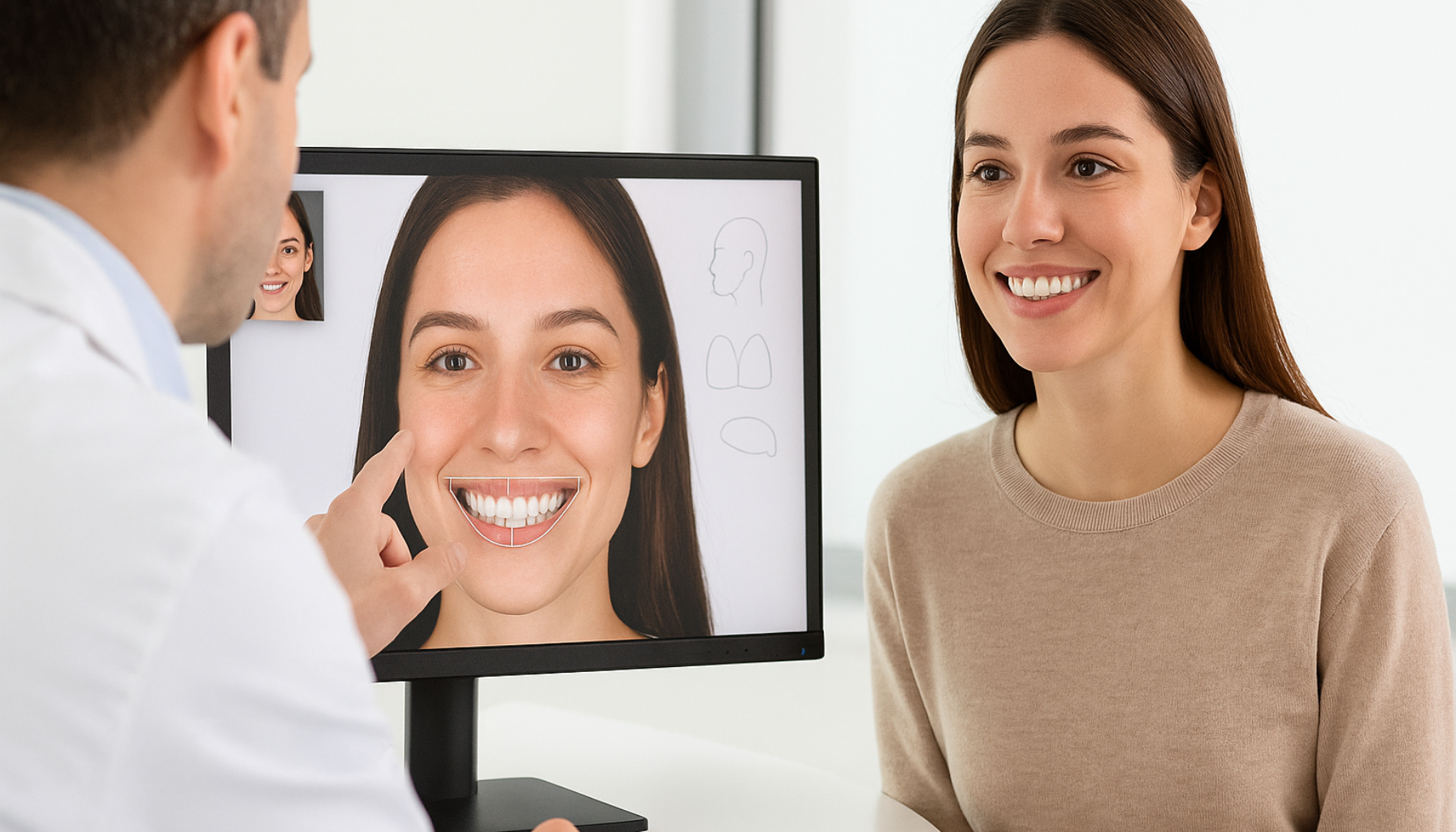 Achieve Your Perfect Smile with Digital Smile Design Technology 15 Dentist showing digital smile design on screen to smiling patient in modern clinic with natural lighting.