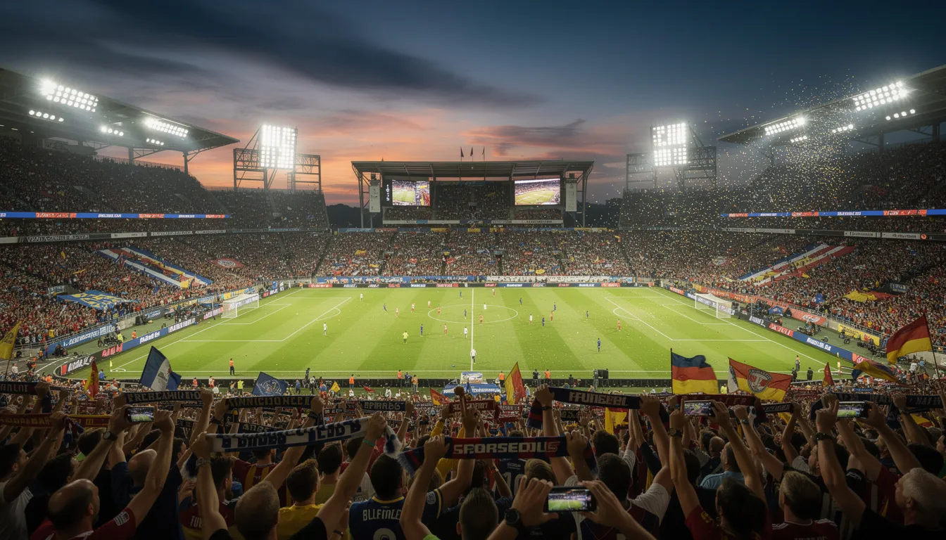 En bild av en fotbollsstadion fylld med entusiastiska fans under en kvällsmatch, där stämningen är hög och jubel hörs från publiken. Stadion är upplyst och visar tydligt den passion som finns för sport, vilket är en del av den svenska spelmarknaden och evenemang som ofta kan följas hos Bethard.