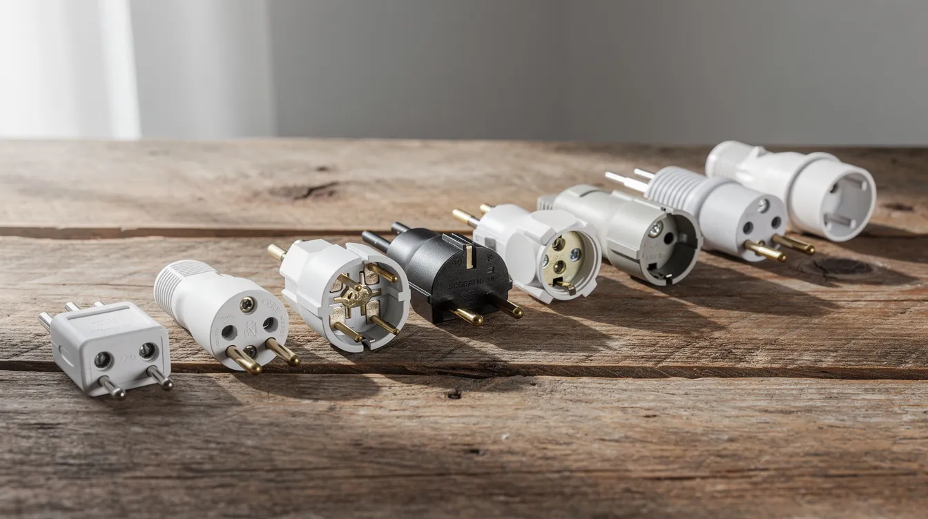 På ett träbord ligger olika typer av elektriska kontakter och lampproppar, inklusive både jordade och ojordade varianter, som kan användas för taklampor och lamputtag. Dessa produkter visar på mångfalden av lampkontakter som finns tillgängliga för elektriker och gör det enkelt att välja rätt kontakt för olika behov.