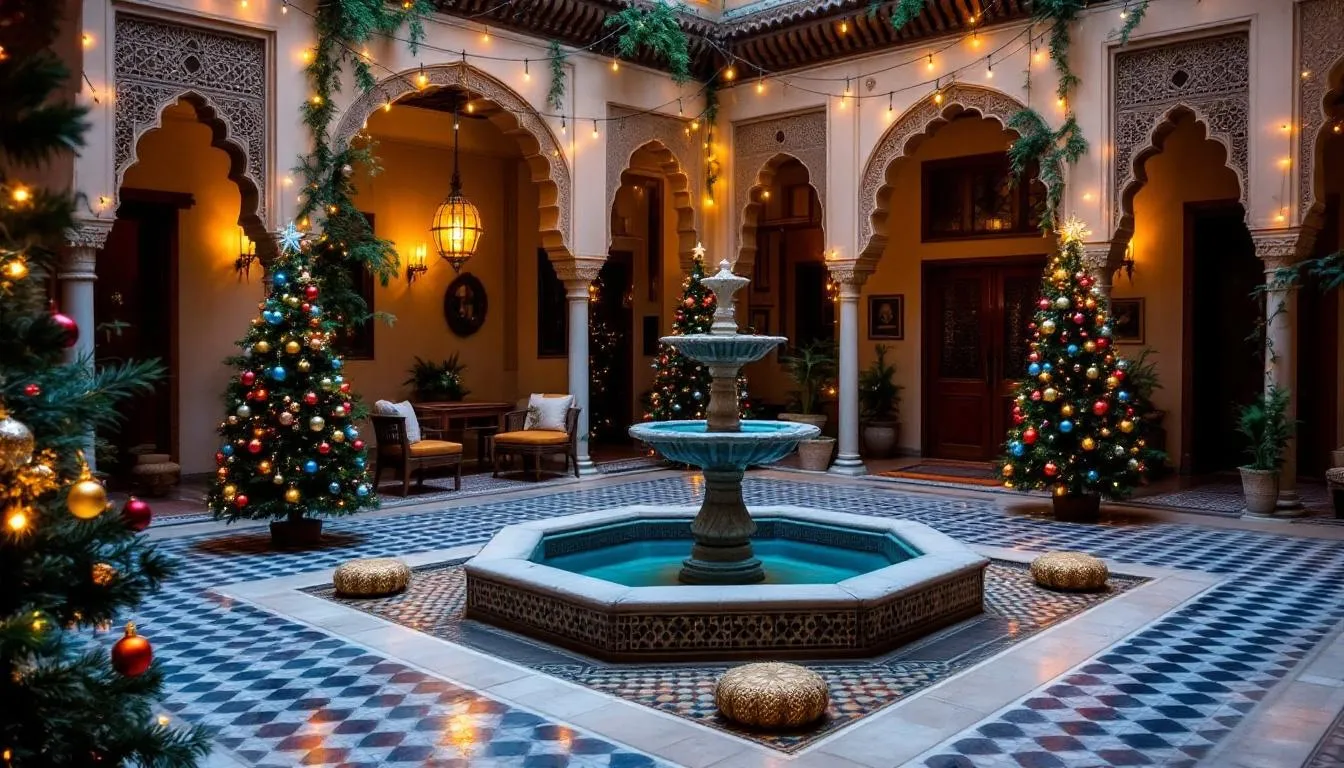 The image depicts a traditional Moroccan riad courtyard beautifully adorned with twinkling Christmas lights and festive ornaments, creating a warm and inviting atmosphere for celebrating Christmas. The blend of Moroccan architecture and holiday decorations highlights the unique charm of Christmas in Morocco, reflecting both local traditions and the festive spirit of the season.