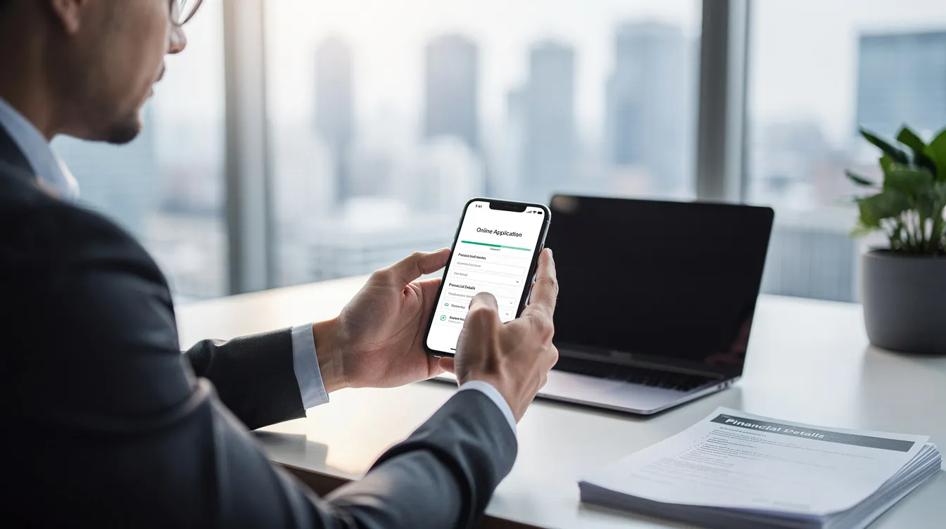 A person is sitting in a modern office, focused on their smartphone as they complete an online financial application, likely for a 二線 清 數 貸款. The environment is sleek and professional, reflecting the importance of managing financial situations effectively.