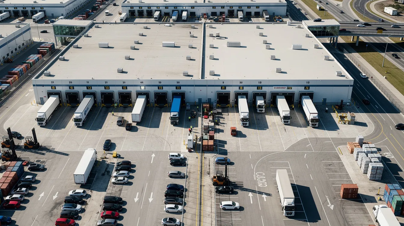 An aerial view showcases a bustling transportation hub filled with trucks and rental vehicles at multiple loading bays, highlighting the efficiency of the auto transport industry. The scene emphasizes the coordination involved in vehicle shipment and delivery, ensuring that cars reach their new destinations safely and in the same condition.