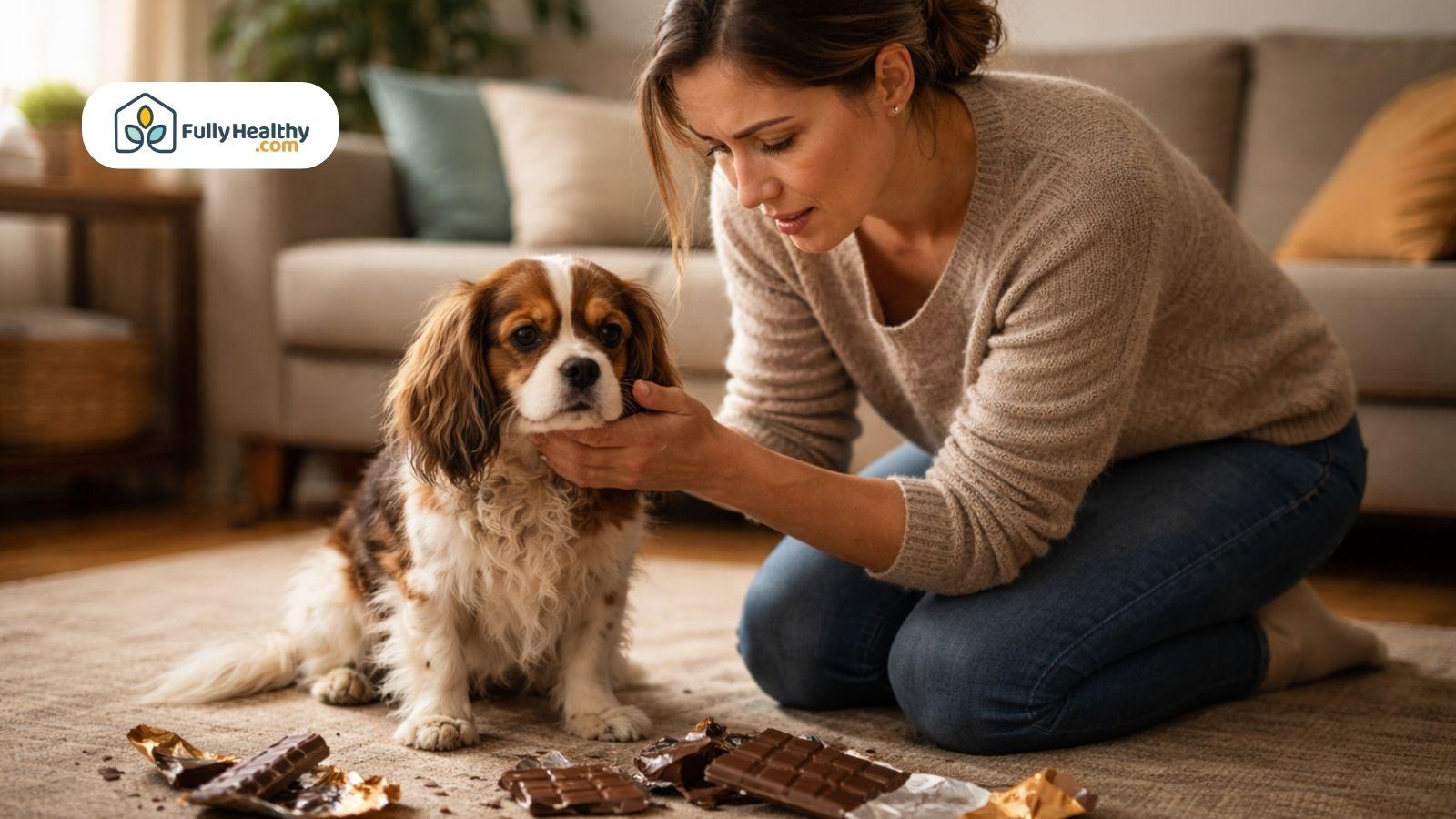 Concerned owner checking small dog beside scattered chocolate pieces indoors