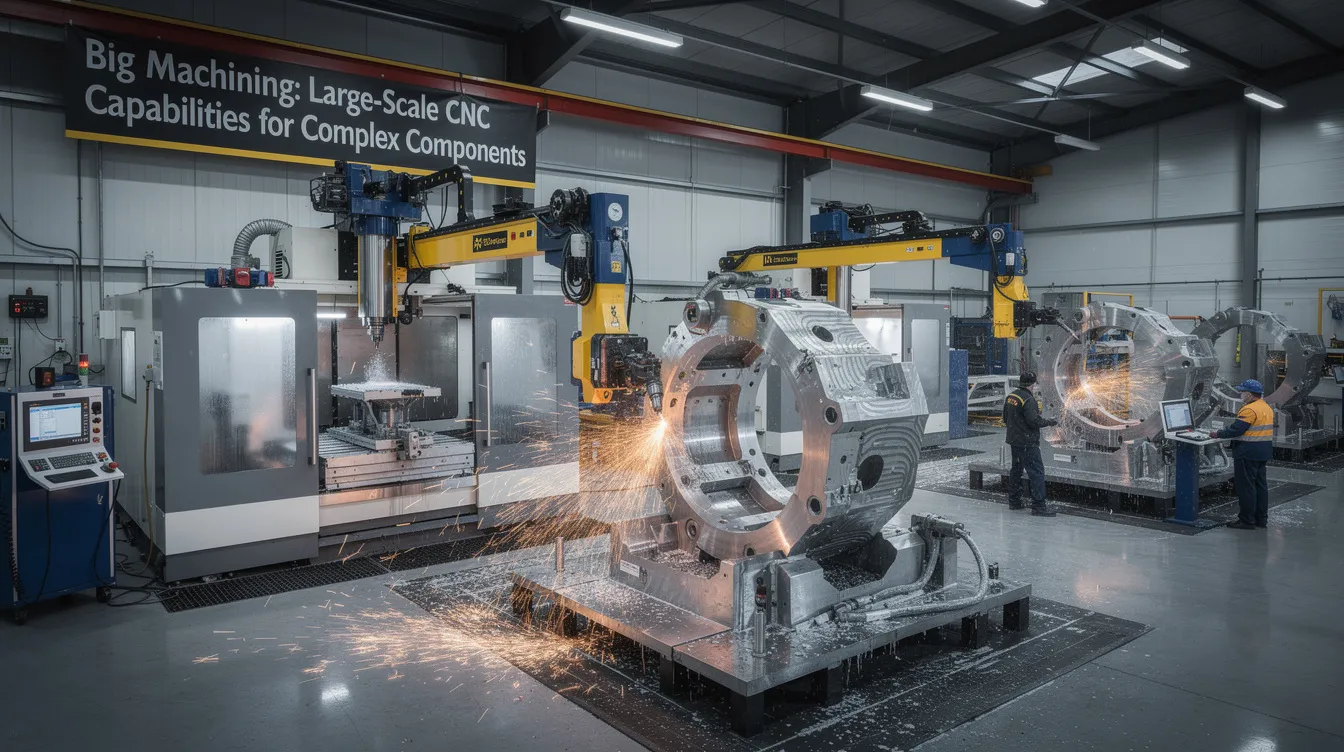 The image showcases a large-scale CNC machining facility, equipped with advanced computer-controlled systems and specialized tools for precision machining of complex components. The scene highlights the machining processes involved in producing large fabrications and precise parts, emphasizing the facility's capability to handle heavy parts and maintain tight tolerances in manufacturing.