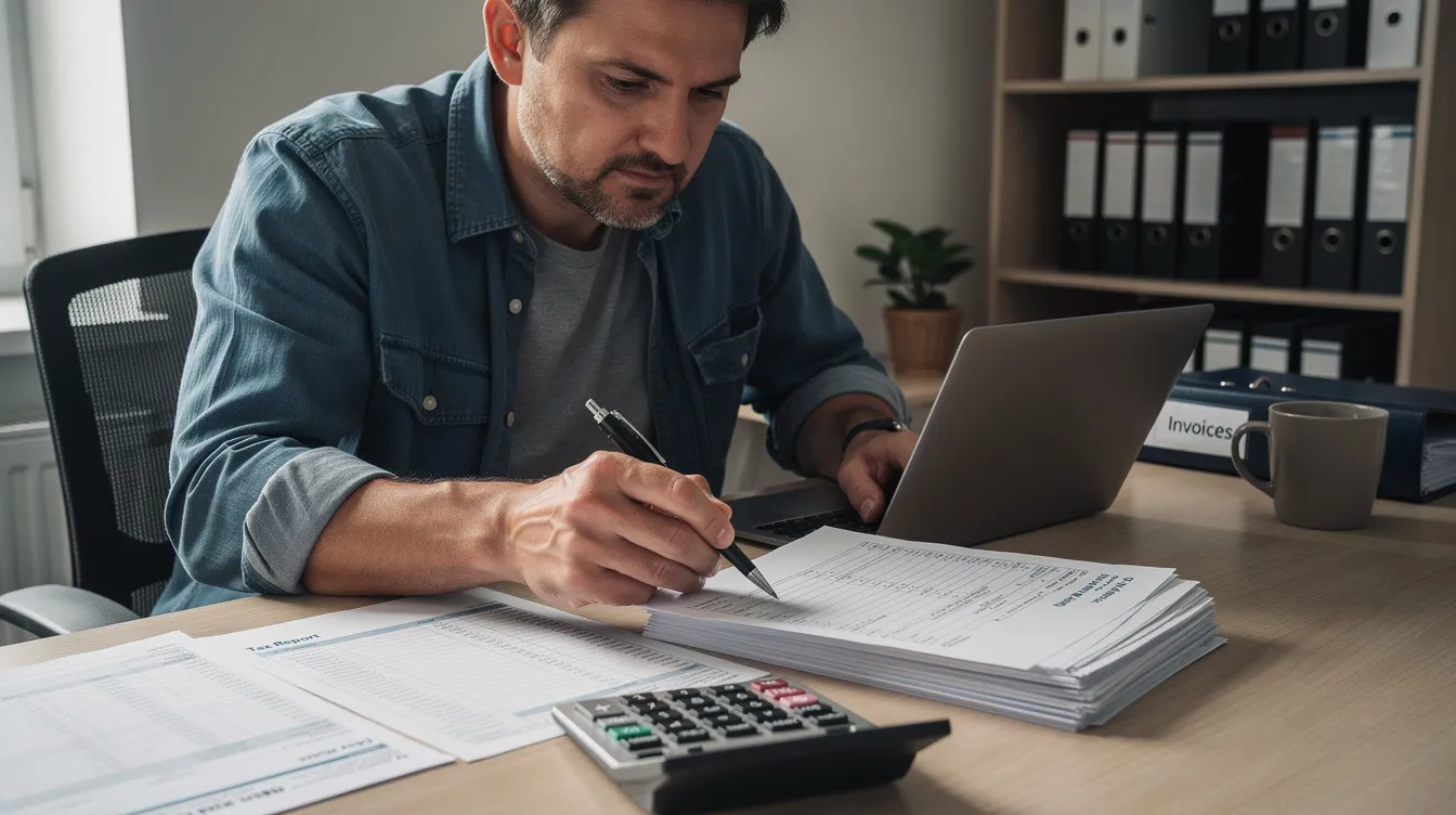 A small business owner is seated at a desk, reviewing tax documents with a calculator beside them, focusing on details related to the employee retention credit (ERC) and qualified wages paid. The scene highlights the importance of understanding tax credits and eligibility requirements for maintaining business operations amidst challenges.