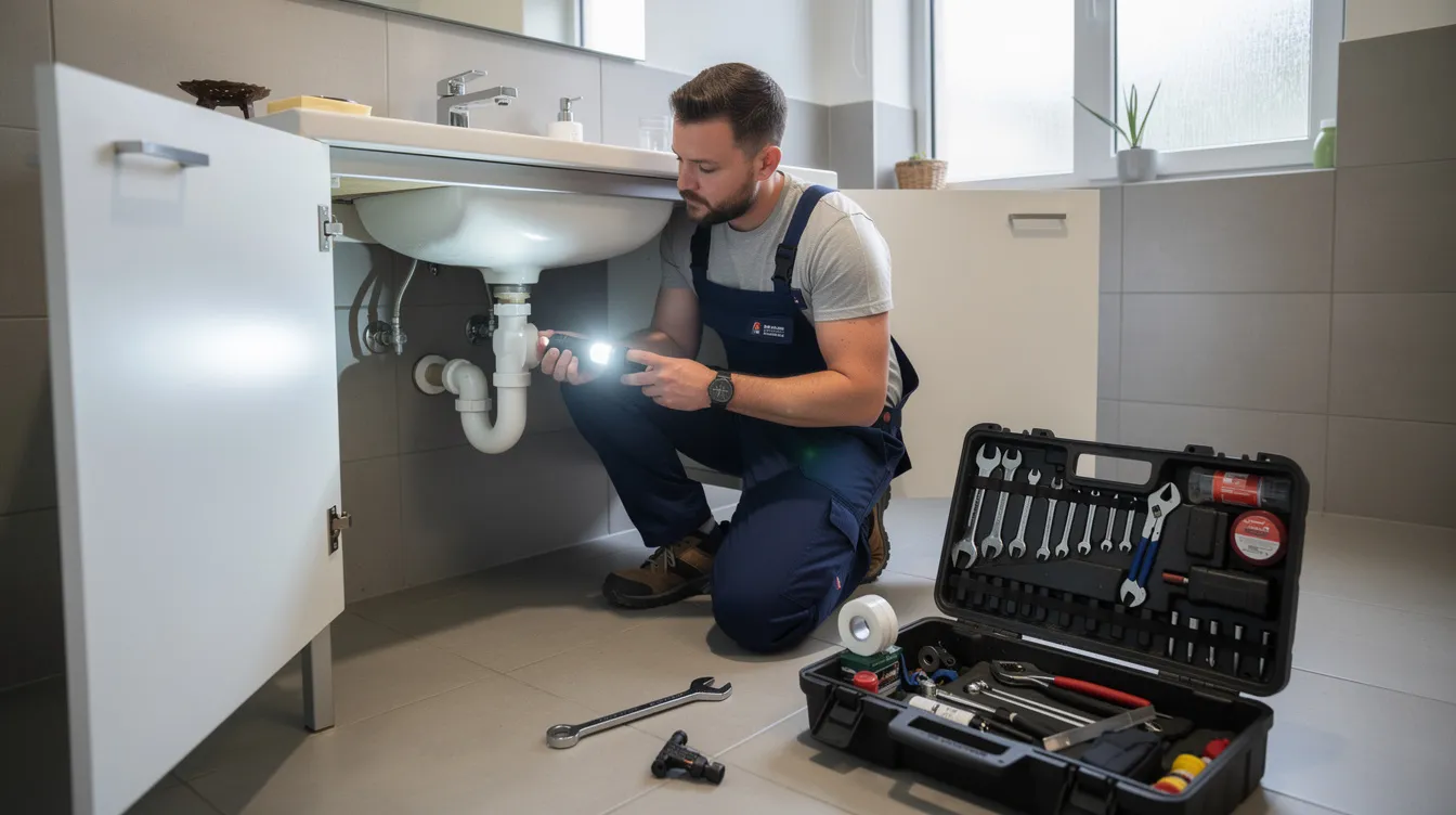 A professional plumber is kneeling under a bathroom sink, using a flashlight to inspect pipes while holding various tools, ready to address any plumbing problems. This scene highlights the importance of immediate attention from experienced plumbers for issues like leaks or clogged drains, ensuring reliable emergency plumbing services are available.