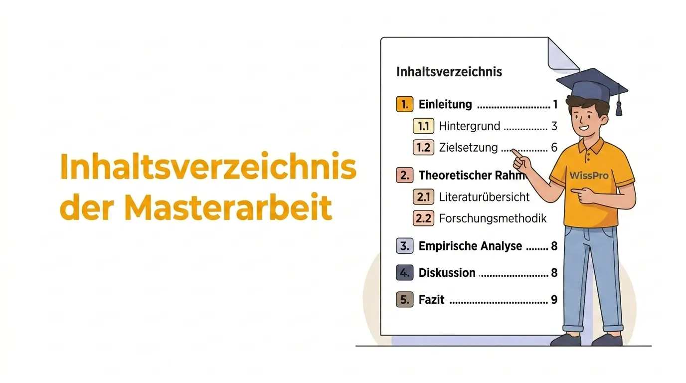 Beispiel für ein Inhaltsverzeichnis einer Masterarbeit mit Gliederung: Einleitung (1.1 Hintergrund, 1.2 Zielsetzung), Theoretischer Rahmen (2.1 Literaturübersicht, 2.2 Forschungsmethodik), Empirische Analyse, Diskussion, Fazit