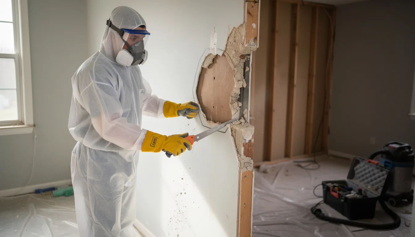 A person wearing protective gear is carefully cutting out a section of moldy drywall, which shows visible signs of mold growth. This remediation process aims to remove mold and prevent future mold growth, ensuring a healthy living environment.