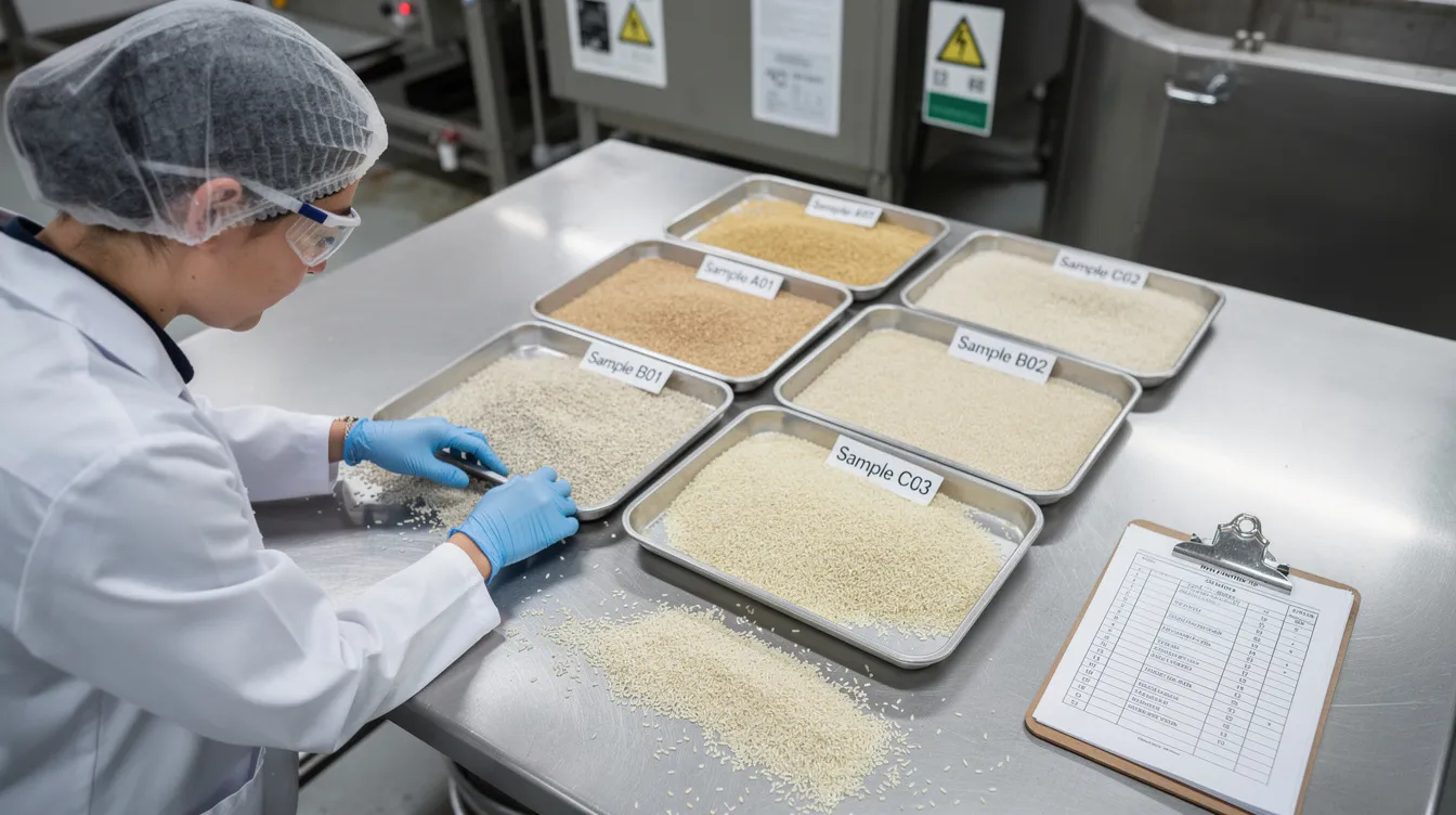 fe560829 30af 402f 889f c8dab0395c6b An industrial inspector is carefully examining rice grain samples on a grading table, ensuring quality control in the rice processing plant. This critical step in the rice processing industry involves analyzing moisture content and other factors to maintain high-quality rice for market demand.