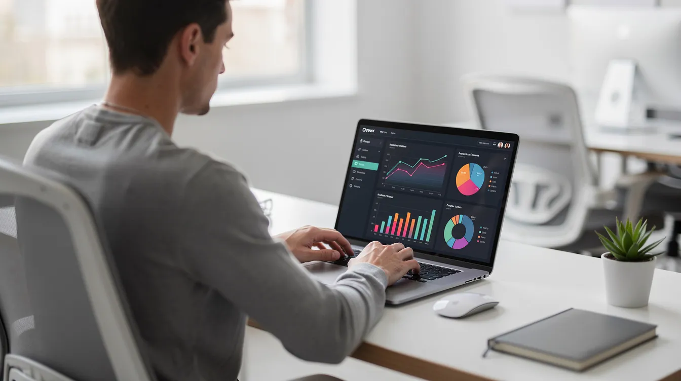 The image depicts a person sitting at a clean, modern desk, focused on their laptop screen that displays colorful data visualizations related to financial transactions. This setting suggests a workspace dedicated to compliance teams and financial institutions, emphasizing the importance of ongoing monitoring and risk assessment in the fight against financial crime and anti-money laundering (AML) efforts.