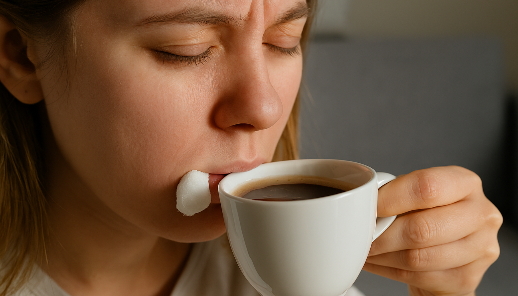 Ung kvinne drikker kaffe med bomullspad i munnen etter tanntrekking, uttrykker bekymring for komplikasjoner etter inngrepet.