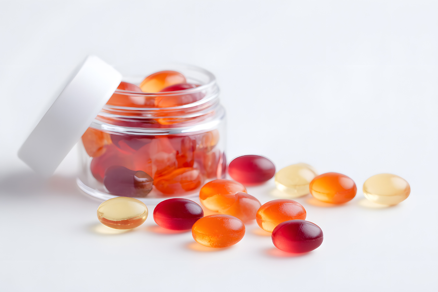 A jar of red, orange, and yellow gel capsules with some capsules spilled in front of the jar.