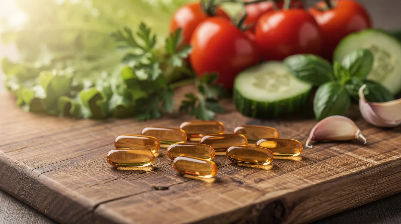 A close-up image showcases natural supplement capsules arranged next to an assortment of fresh vegetables and herbs on a rustic wooden cutting board, emphasizing a healthy lifestyle and weight loss journey. This vibrant composition highlights the importance of natural ingredients in weight management and appetite control.