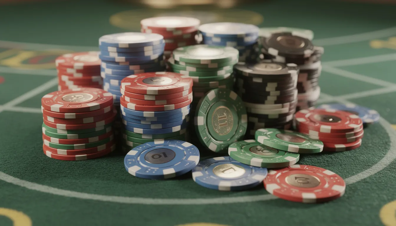 L'image montre une variété de jetons de casino colorés soigneusement disposés sur une table de jeu verte, évoquant l'ambiance vibrante des jeux d'argent dans un casino avec licence internationale. Les jetons, aux couleurs vives, sont un symbole des paris sportifs et des jeux en ligne prisés par les amateurs de casinos.