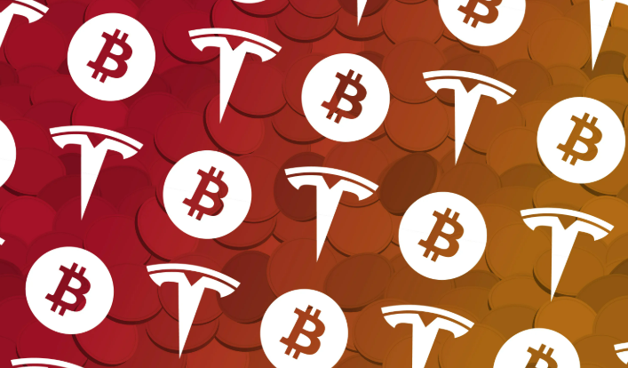 Illustration of Bitcoin and Tesla logos. 