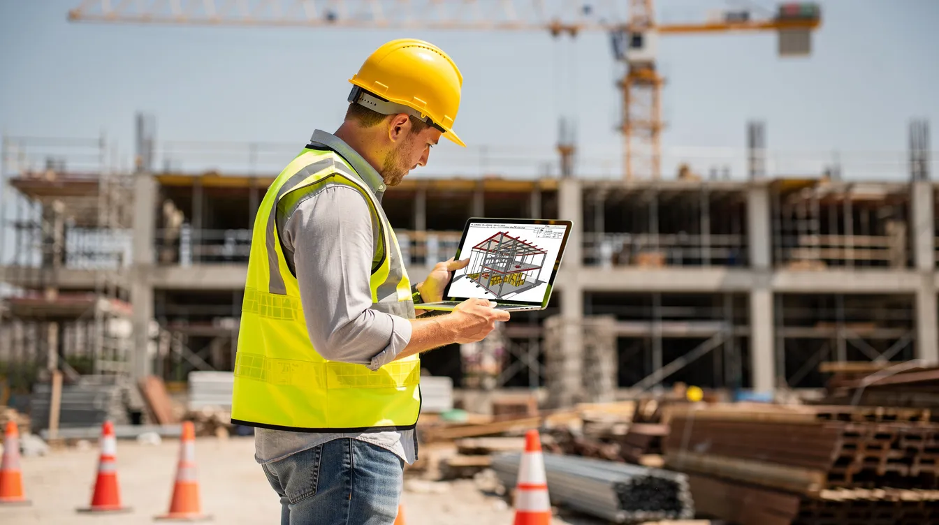 A construction professional is intently reviewing a digital 3D model on a tablet at a job site, utilizing cutting-edge scanning technology to ensure superior accuracy in the project's intricate details. This scene highlights the importance of precise measurements and quality control processes in complex projects within industrial facilities.