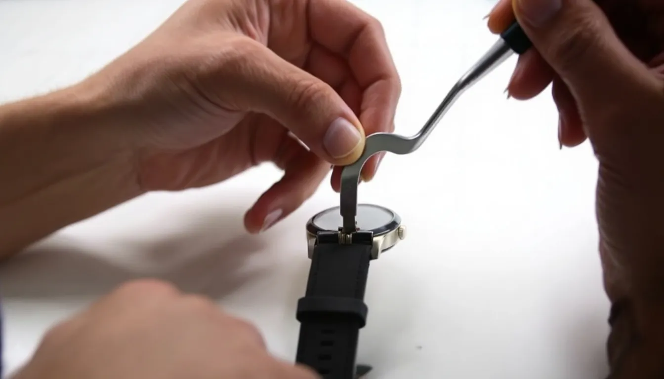 A person removing an old watch strap using a spring bar tool.