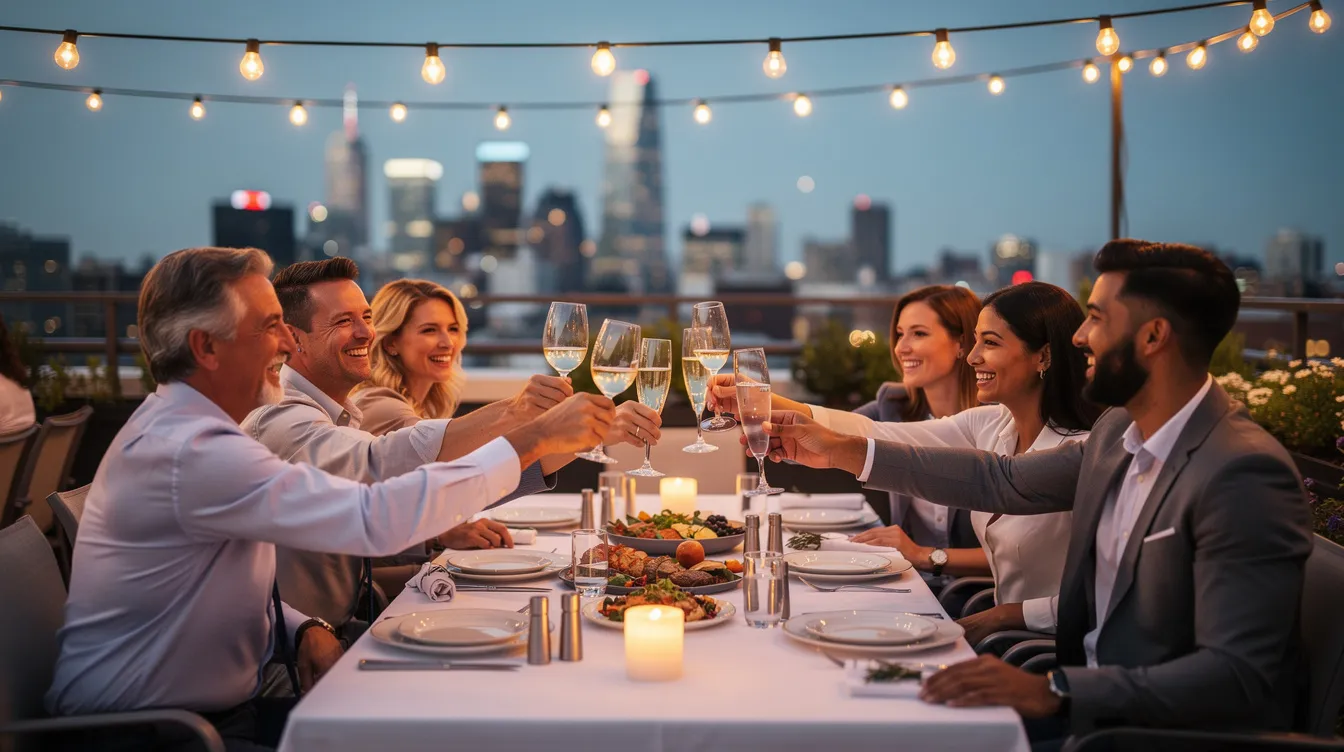 A diverse corporate team is joyfully raising their glasses at an outdoor dinner on a terrace, illuminated by warm evening lighting, with stunning views of Lisbon's charming streets and hills. This vibrant scene captures the essence of hospitality and celebration in a city known for its rich culture and history.