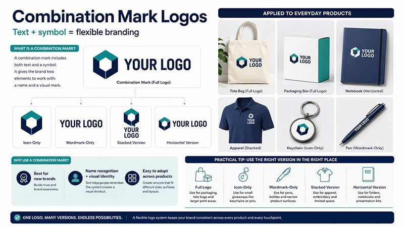Combination mark logo system showing full logo, icon-only, wordmark-only, stacked and horizontal versions