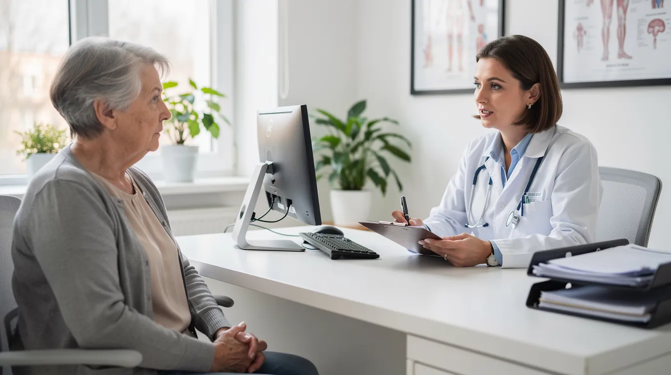 An older woman is seated across from a doctor in a bright office, discussing her health and potential weight management strategies. The consultation likely includes information about weight loss medications and healthy eating plans to promote significant weight loss outcomes.