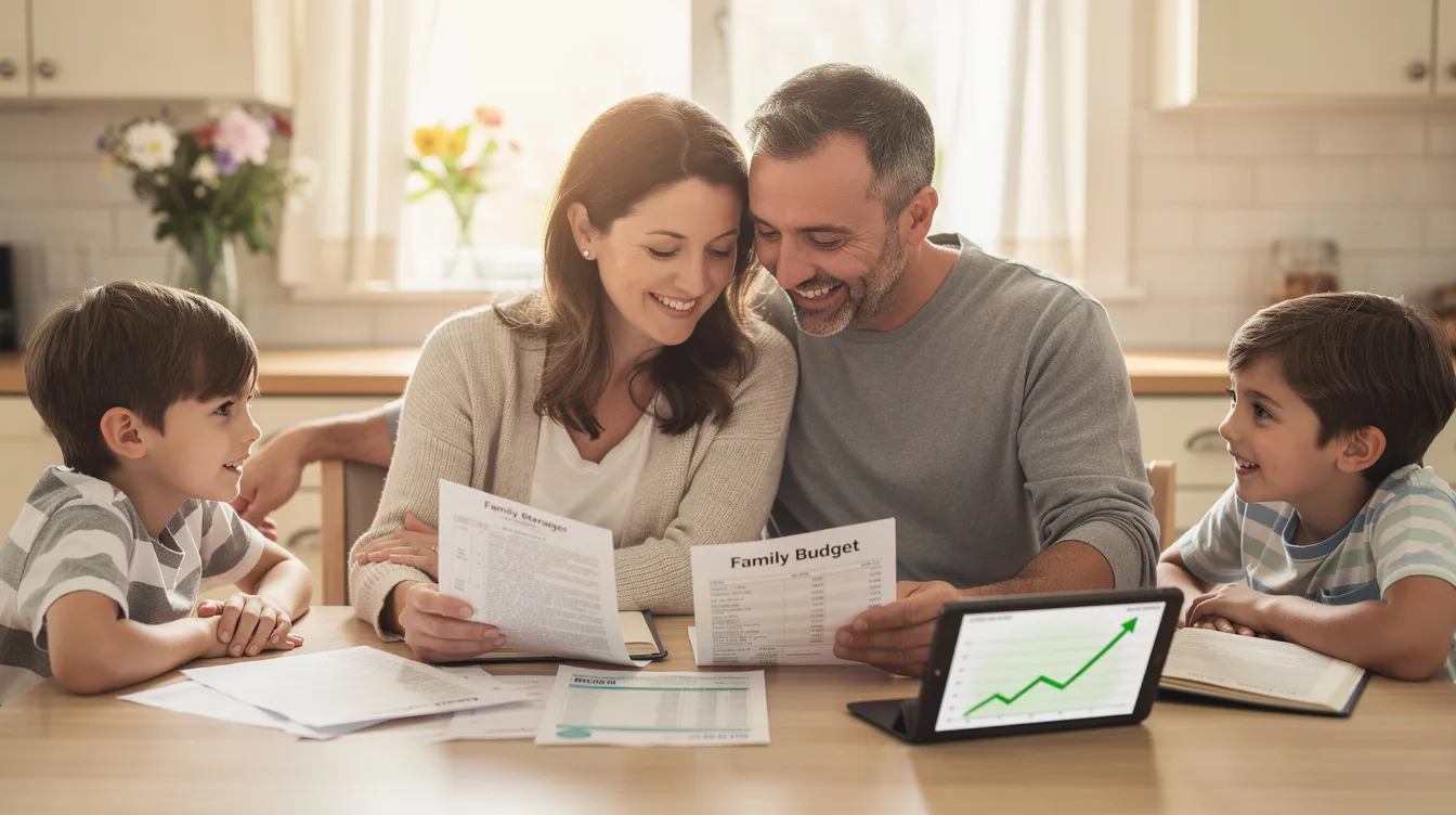 A family is gathered around a kitchen table, looking through financial documents with hopeful expressions as they navigate the bankruptcy process. Their unity reflects a desire for a fresh start, as they discuss options for relief from debt and the support of a bankruptcy attorney in Wyoming.