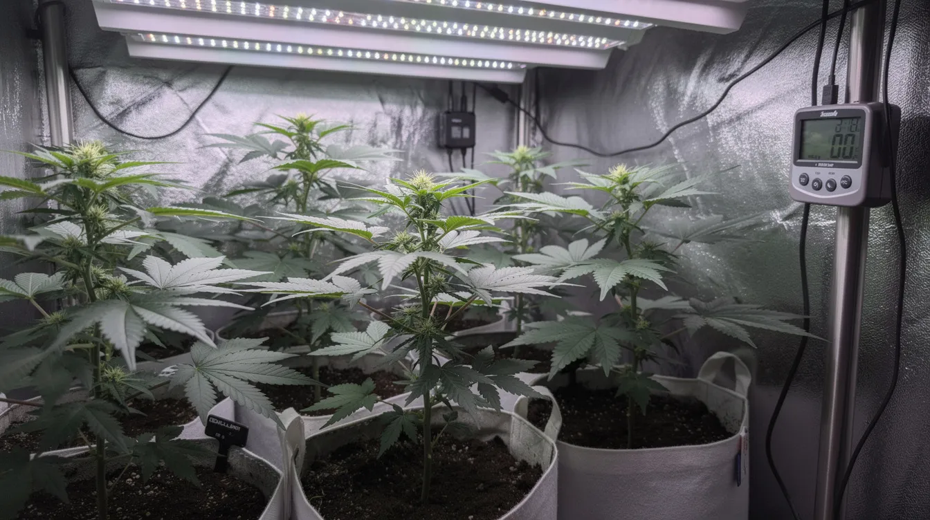Cannabis-Pflanzen in Anbauraum mit Thermometer und Hygrometer für VPD-Optimierung.