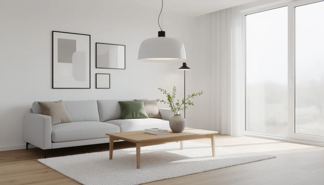 En modern skandinavisk vardagsrum med en stor svart taklampa hängande över ett kaffebord. Rummet har en stilren design och belysningen skapar en mysig atmosfär.