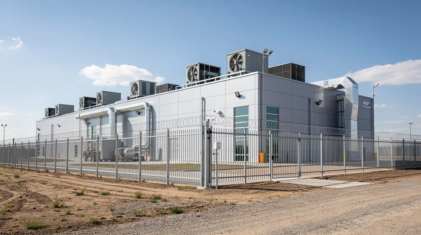 The image shows the exterior of a modern data center building, featuring large cooling units and security fencing, all set against a backdrop of cleared land. This facility highlights the importance of skilled trades and technical expertise in maintaining advanced manufacturing and electrical systems essential for today's high-demand careers.