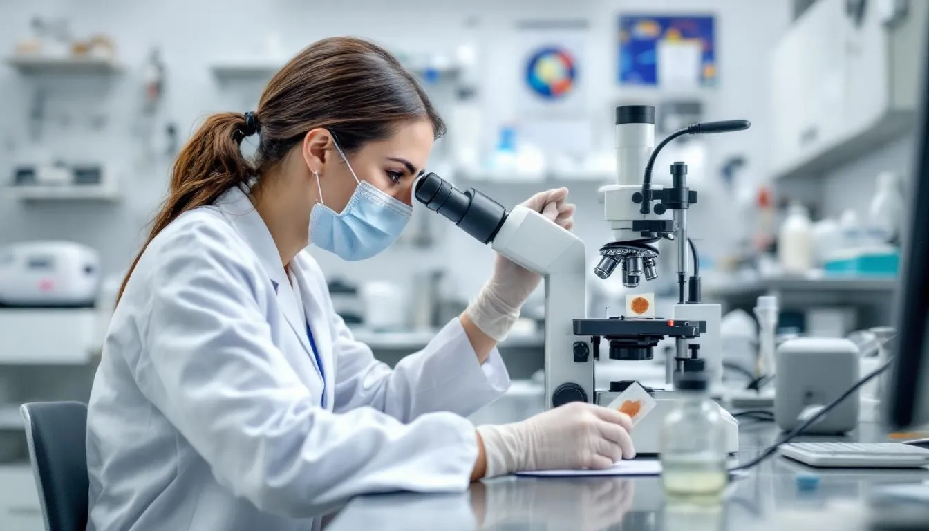 A veterinarian is examining a stool sample under a microscope, analyzing the dog's poop consistency and color to assess the dog's health. The scene highlights the importance of understanding normal dog poop and potential health issues related to the dog's diet and digestive system.
