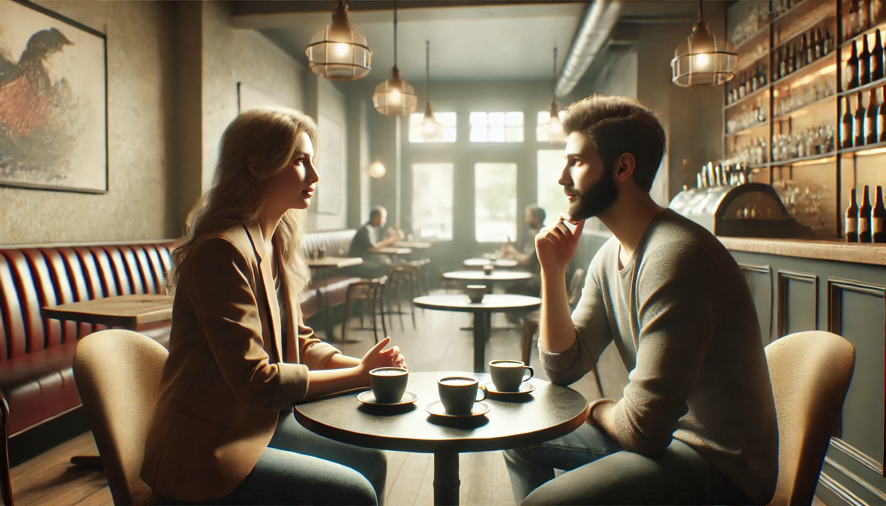 An image of a couple having a deep conversation at a coffee shop