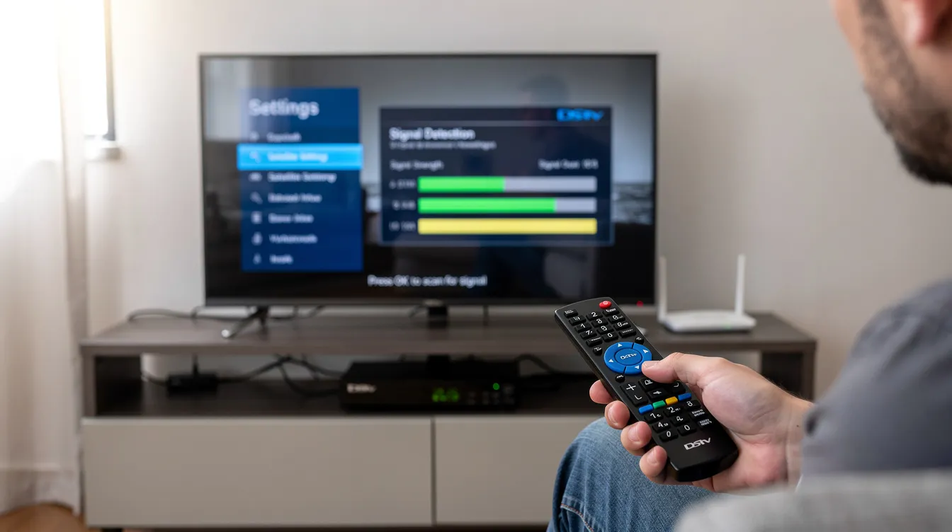 The image illustrates a person using a DStv remote to access the decoder settings on their TV screen, focusing on the satellite settings to scan for signal strength and quality. It highlights the importance of having a properly aligned satellite dish and checking coaxial cables to resolve any signal problems or missing channels.